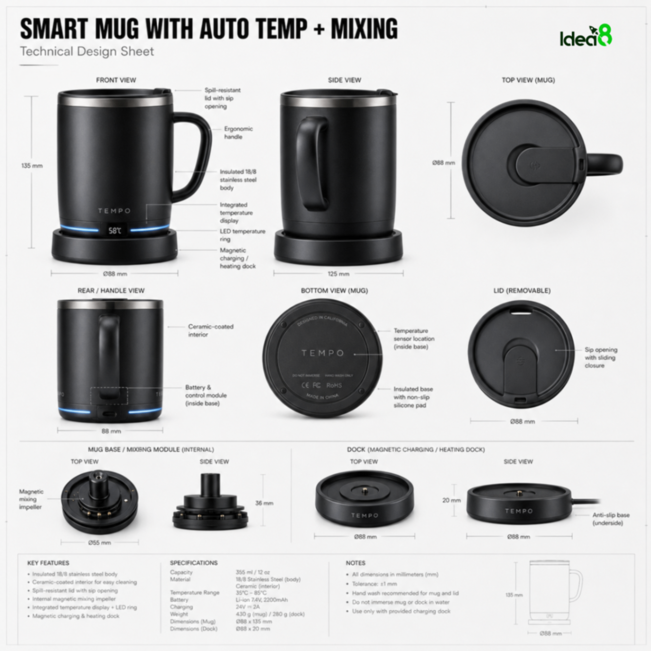 Smart mug technical design sheet showing front, side, top, lid, base, and dock views