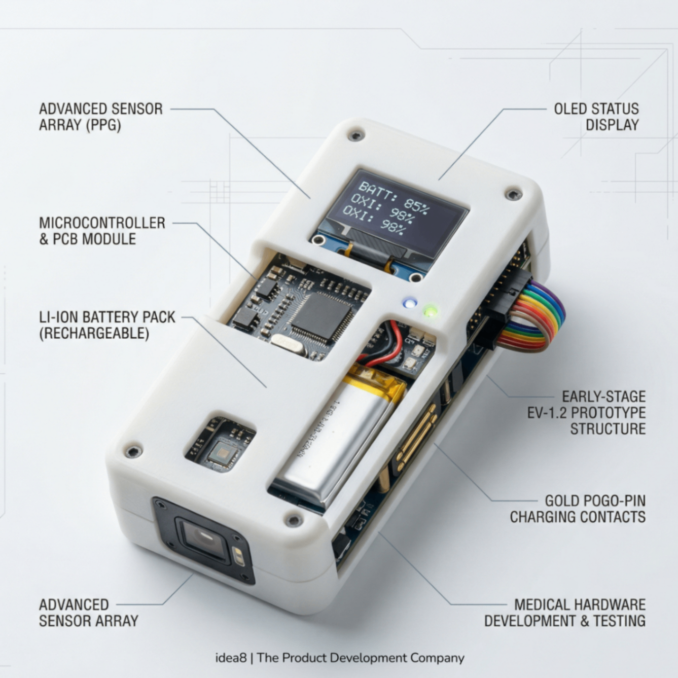 Medical hardware early-stage prototype with OLED display, battery, sensor array, and charging contacts