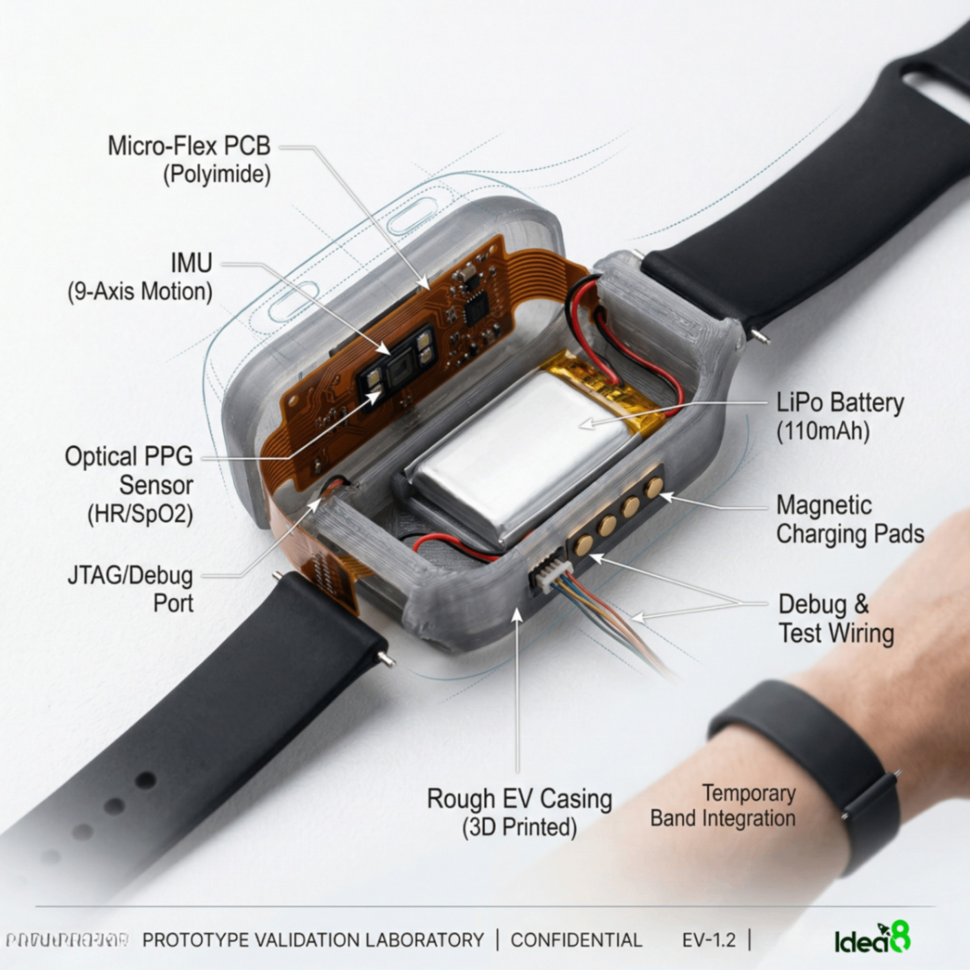 Wearable EVT device with optical PPG sensor, IMU, micro-flex PCB, battery, and charging pads