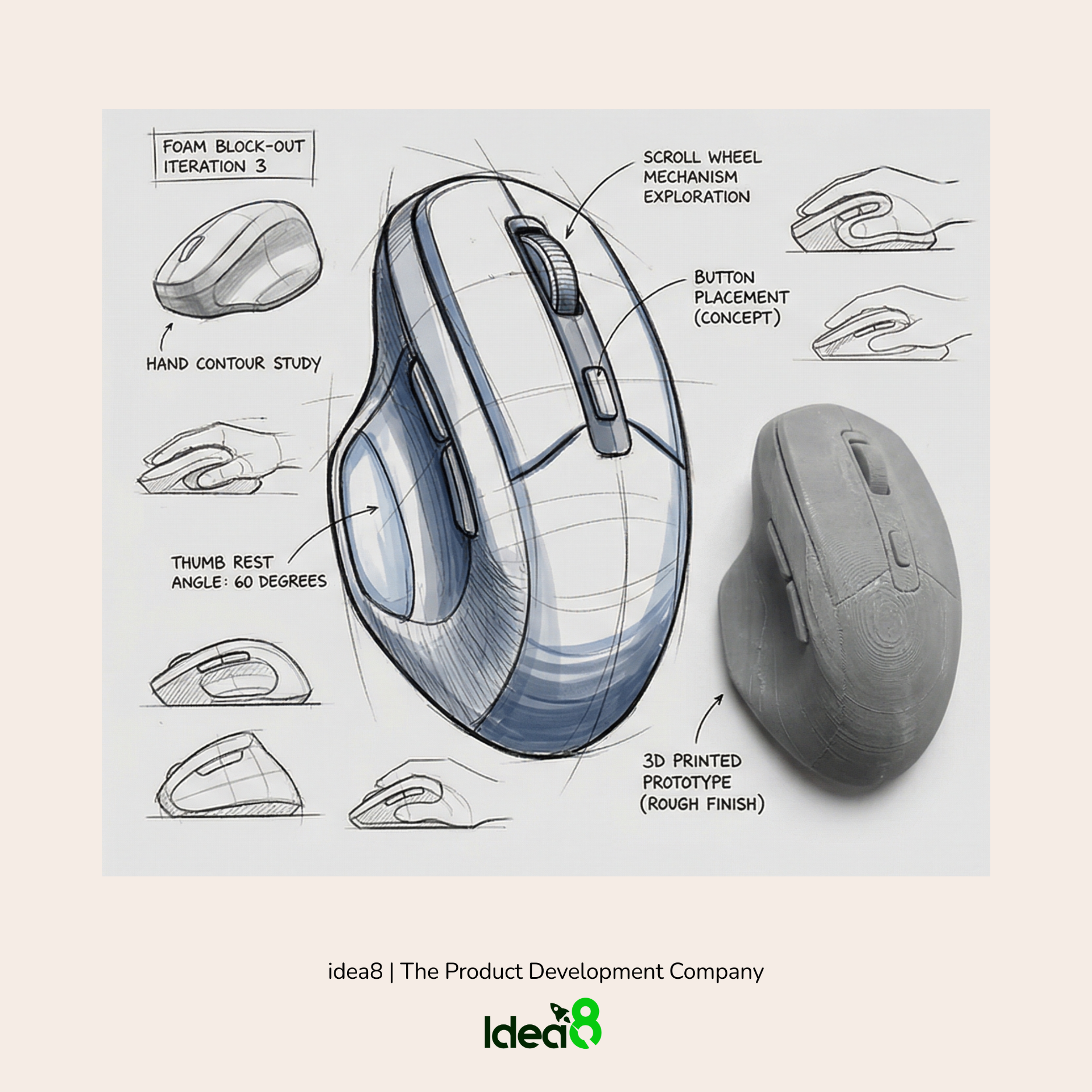 Ergonomic vertical mouse concept sketches with foam block-out studies and 3D printed prototype
